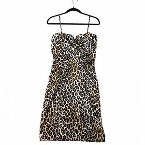 Cache Leopard Print Satin Dress Size 10 Ruched Spaghetti Strap Cocktail Y2K